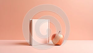 Miniature Apple and Tiny Textbook on Soft Peach Background