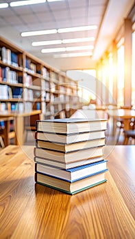 Stack of books on wooden table in library