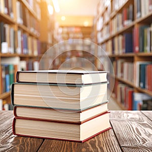 Stack of books on wooden table in library