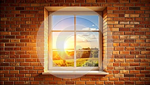 Exposed brick wall with tall window, warm golden sunlight, summer sky
