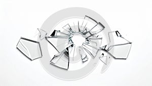 Shards of broken mirror on white background, top view