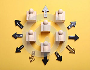 Business process organization and optimization. Scheme with wooden figures and arrows