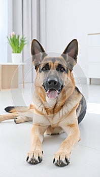 Adorable German shepherd dog lying on floor indoors