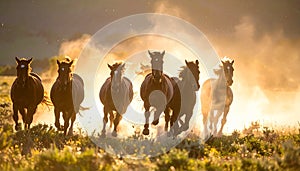 Wild Horses Running Through Meadow with Sunlit Dust