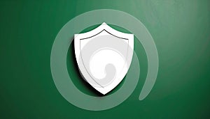 White shield icon on matte dark green background symbolic and simple