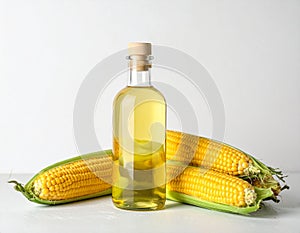 Bottle of corn oil and fresh cobs on table against light wall