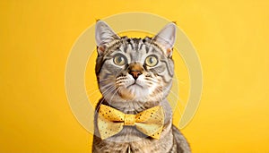 Cute cat with bow tie on yellow background