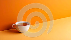 Soft orange-to-golden gradient with small ceramic tea cup in corner