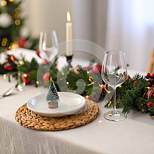 Christmas table setting with festive decor and dishware in room