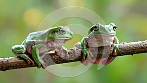 Green tree frogs on a branch, dumpy frog, animal closeup