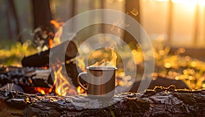 Minimalist campfire setup with single mug on log, soft golden light filtering through trees