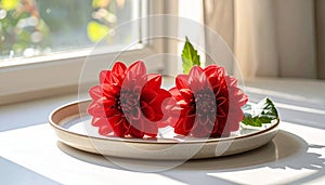 Two red dahlias on a ceramic plate by a window with soft morning sunlight