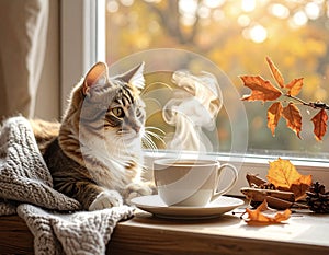 Cozy Fall Cat with Warm Beverage