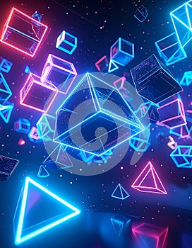 3D Cubes and Pyramids Floating Rotating Neon Outlines