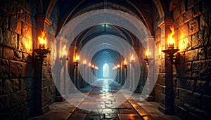 Ancient Stone Hallway Illuminated by Fire Torches