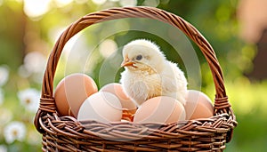 Cute chick and eggs in wicker basket on blurred background. Baby animal