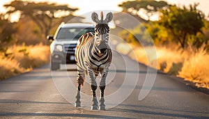 A zebra is walking down a road with a car behind it. The zebra is looking at the came
