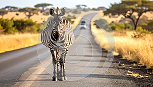 A zebra is walking down a road with a car behind it. The zebra is looking at the came