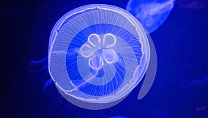 Glowing moon jellyfish underwater with neon blue light in deep ocean
