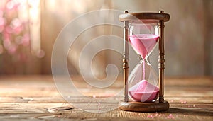 Hourglass with pink flowing sand on wooden table. Space for text