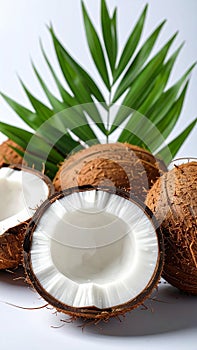 Fresh ripe coconuts with green leaves on white background