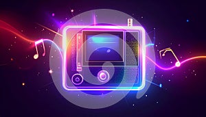 Neon Retro Radio with Musical Notes