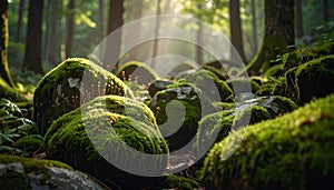 Sunlit Forest Floor with Moss-Covered Rocks