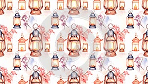 Watercolor Lanterns and Cherry Blossoms Seamless Pattern