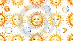 Celestial Watercolor Pattern: Sun, Moon, and Clouds