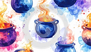 Mystical Watercolor Cauldrons Seamless Pattern