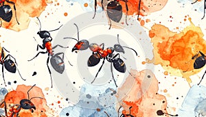 Watercolor Ants Seamless Pattern
