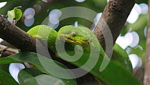 Green tree python coiled on branch in tropical rainforest