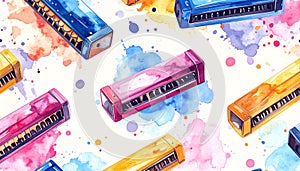 Colorful Harmonicas Watercolor Pattern