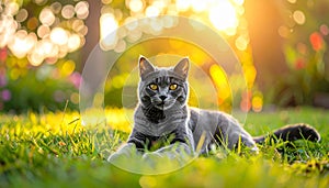 A gray cat is lying on the grass. The cat is looking at the camera.