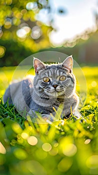 A gray cat is lying on the grass. The cat is looking at the camera.