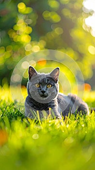 A gray cat is lying on the grass. The cat is looking at the camera.