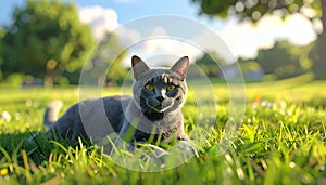 A gray cat is lying on the grass. The cat is looking at the camera.
