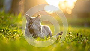 A gray cat is lying on the grass. The cat is looking at the camera.