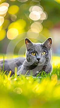 A gray cat is lying on the grass. The cat is looking at the camera.