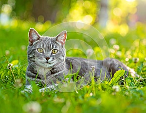 A gray cat is lying on the grass. The cat is looking at the camera.