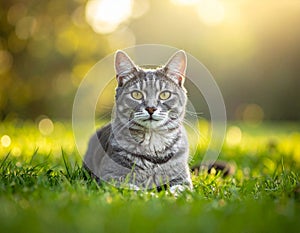 A gray cat is lying on the grass. The cat is looking at the camera.
