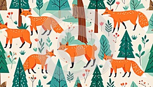 Cute Foxes in a Winter Forest Seamless Pattern