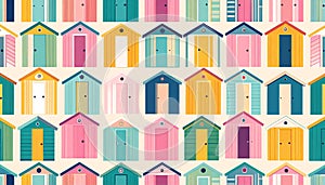 Colorful Beach Huts Seamless Pattern Vector Illustration