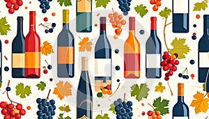 Wine Bottles and Grapes Seamless Pattern