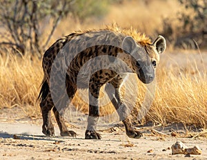 Close to the brown hyena, or Parahyaena brunnea, (Hyaena brunnea), in search of prey