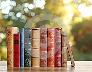 Collection of different books against blurred background, space for text