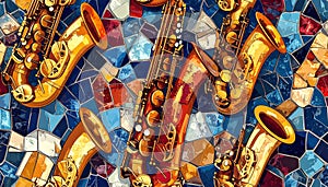 Saxophones on a Colorful Mosaic Background