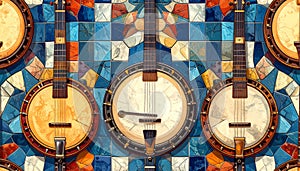 Banjos on Vibrant Mosaic Pattern
