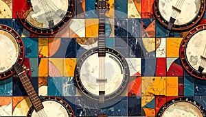 Vibrant Banjos on Abstract Mosaic Background