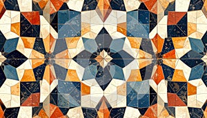 Geometric Mosaic Tile Pattern in Blue, Orange, and White